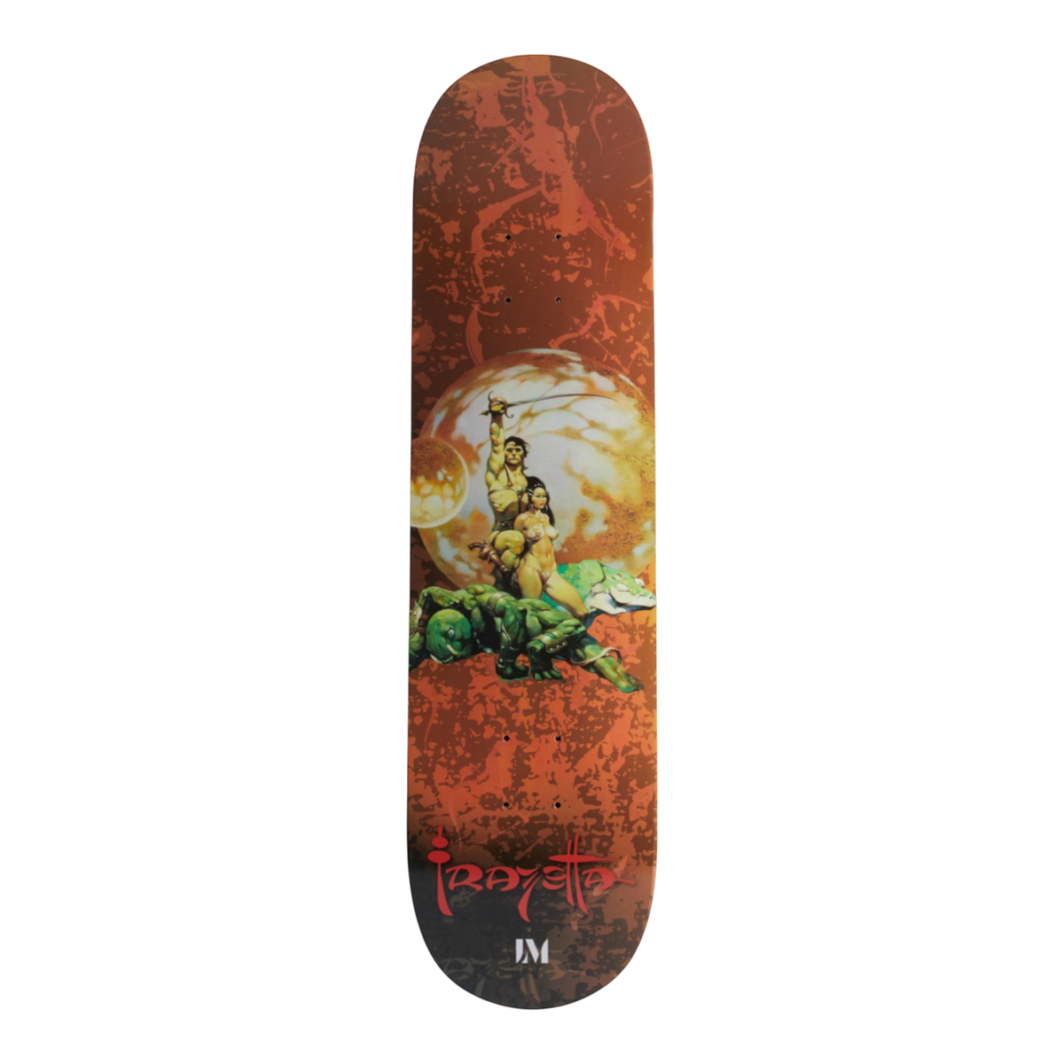 A skateboard deck featuring Frank Frazetta Princess of Mars, with a retro sci-fi illustration with a green alien, a princess and a warrior on a red-orange background, with the brand name 'Frazetta' printed in red at the bottom.