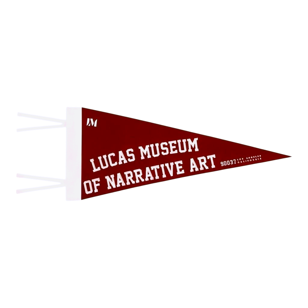 A dark red triangular pennant flag with white text reading 'LUCAS MUSEUM OF NARRATIVE ART'