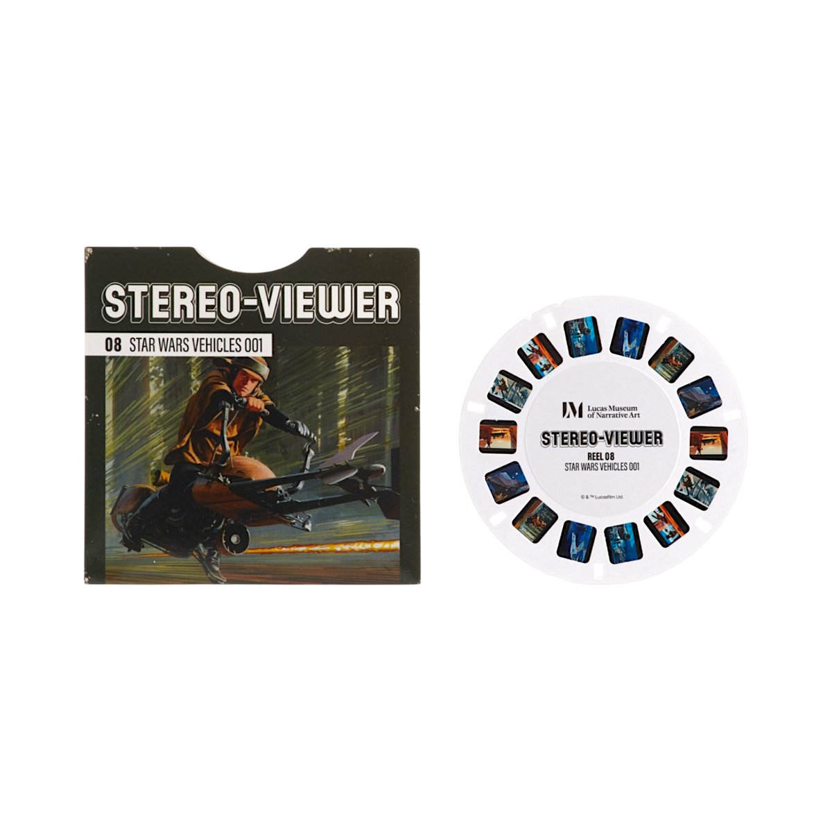 Star Wars Stereo-Viewer film reel, showing the black outer case with cover art of a speeder rider and the white circular reel with printed scene thumbnails around the edge.