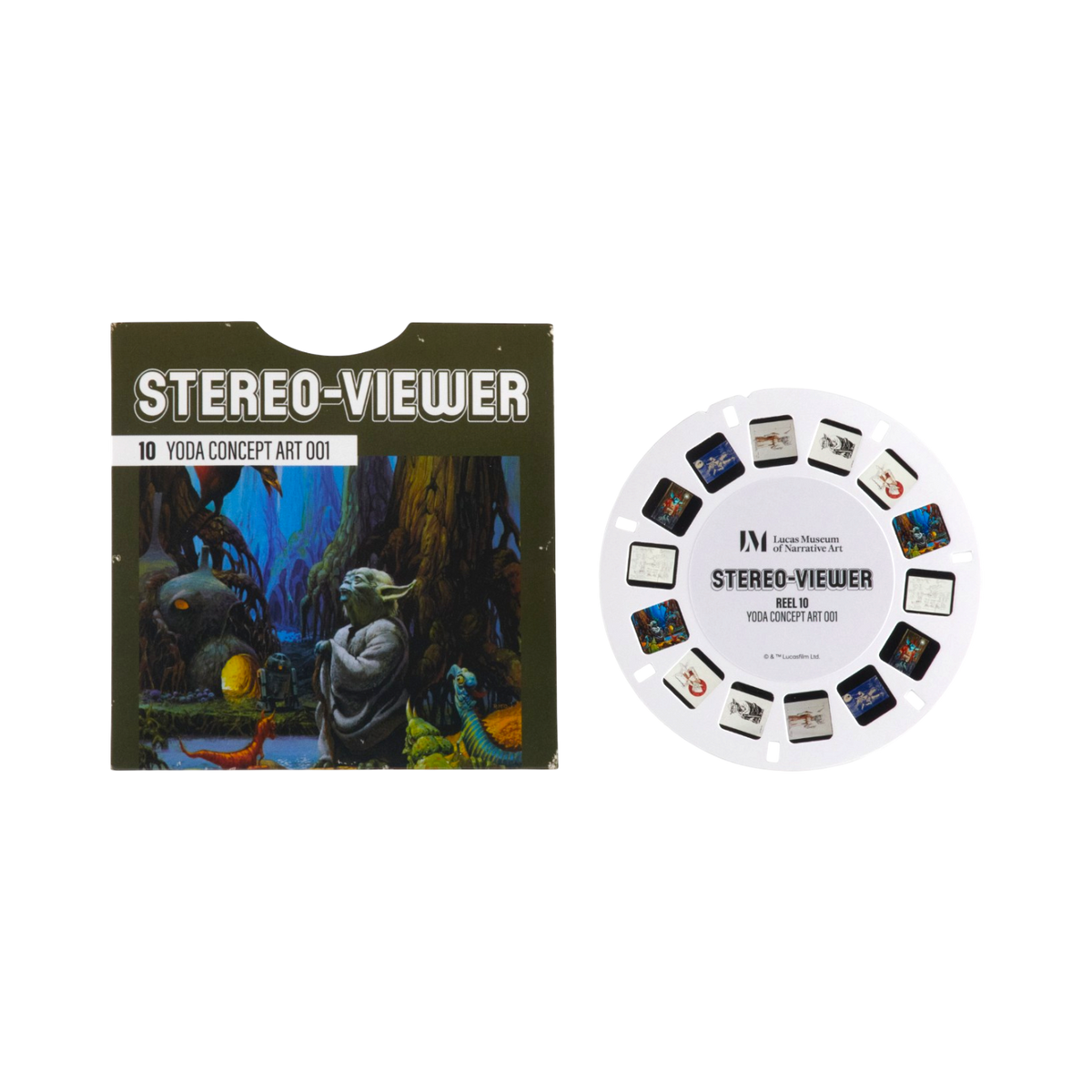 Stereo-Viewer Yoda Concept Art Reel, showing a dark olive-green sleeve with colorful Yoda artwork on the left, and the circular white film reel with printed slides on the right.