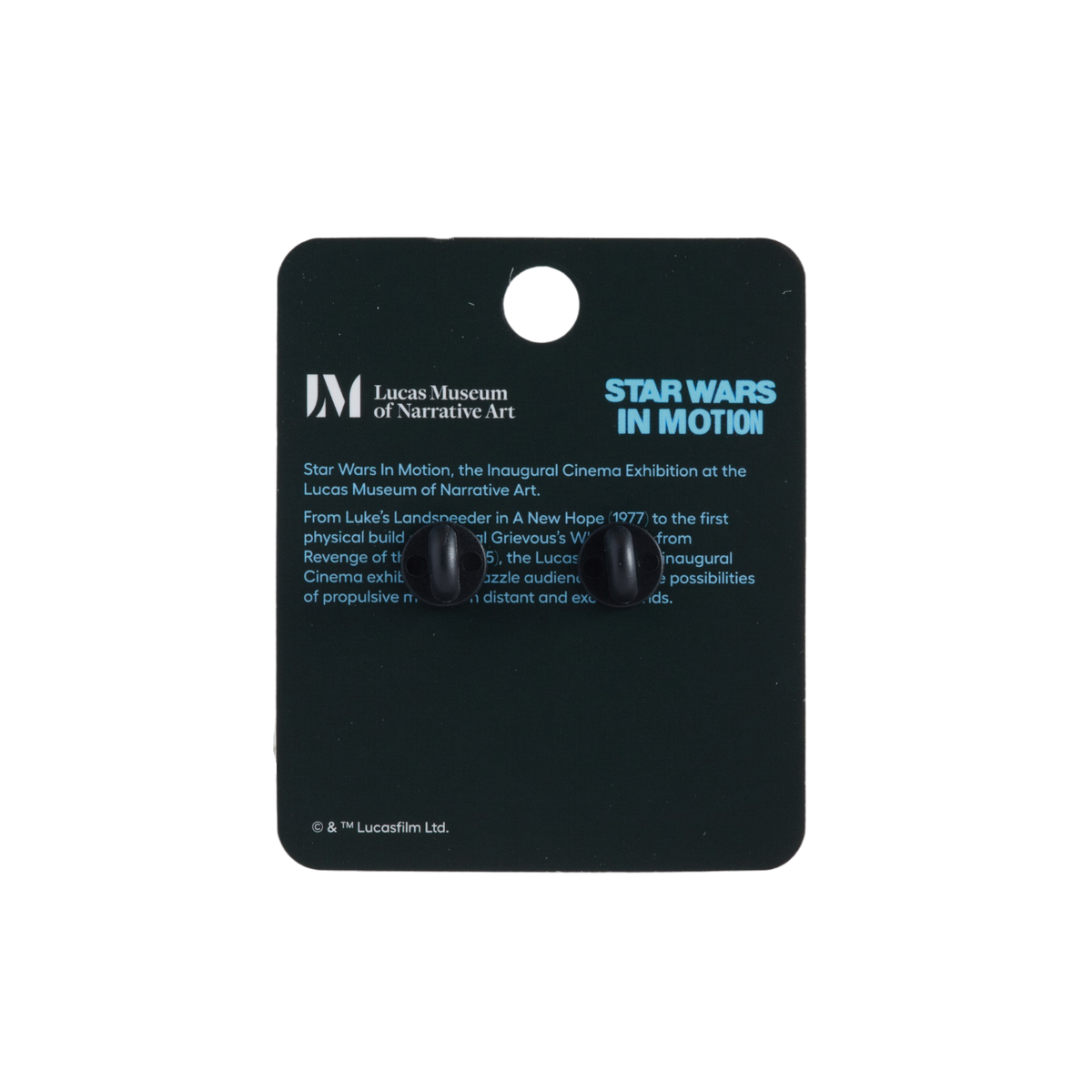 A Lucasfilm Star Wars In Motion pin displayed on a black Lucas Museum of Narrative Art backing card, against a plain white background.