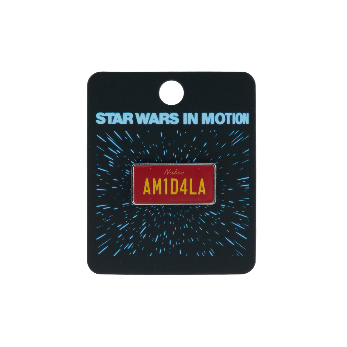 A Star Wars themed enamel pin on a black display card. The pin is a red license plate with yellow lettering reading 'Naboo AM1D4LA'.