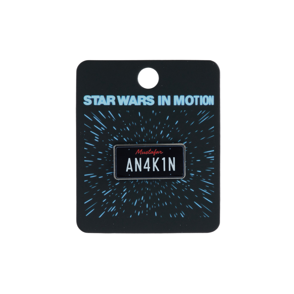 A Star Wars themed license plate pin on a black backing card. The pin is a black license plate with the white text 'AN4K1N' and a small red 'Mustafar' script.