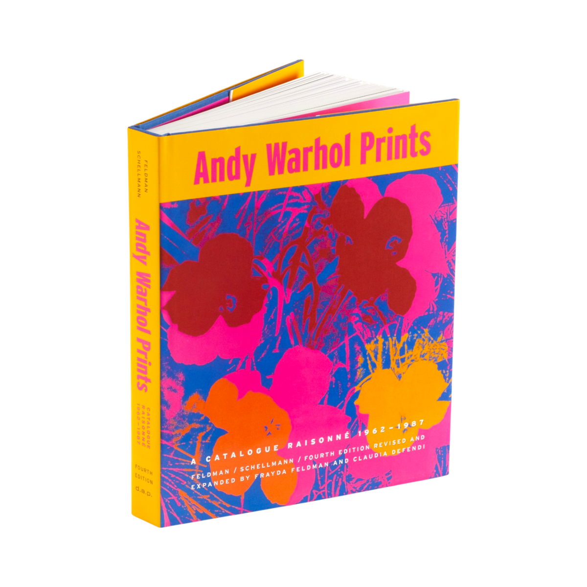 Andy Warhol Prints book featuring a vibrant cover with abstract floral patterns in pink, red, orange, and blue on a yellow background, shown on a clean white background.