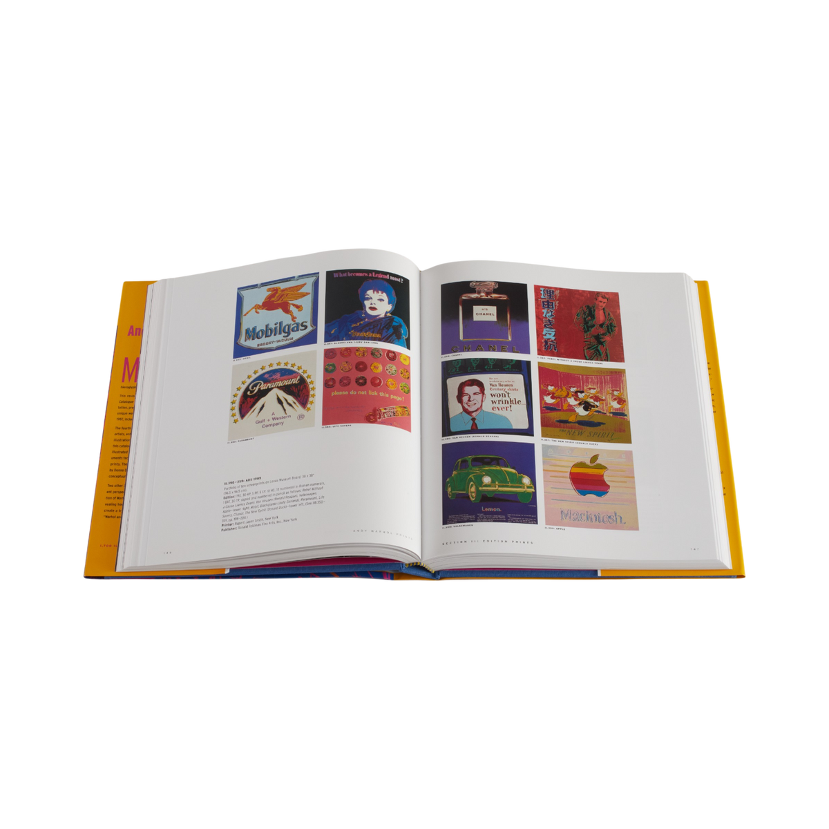 An open book displaying two printed pages filled with colorful vintage-style illustrations and text, photographed against a plain white background.