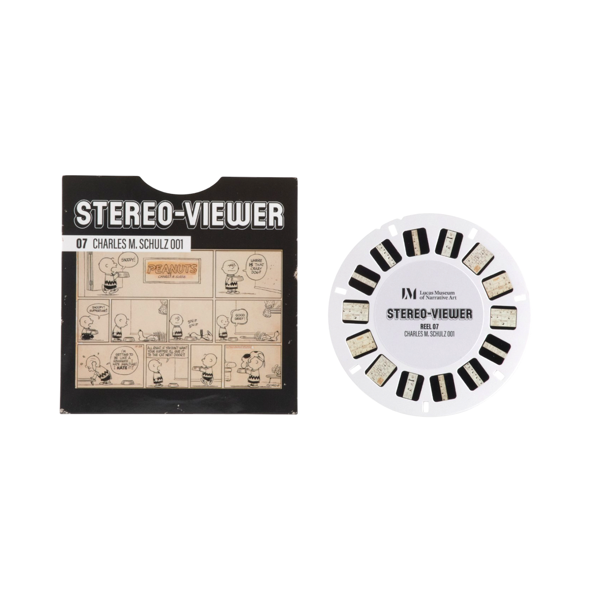 A Stereo-Viewer reel projector kit shown with sleeve and the circular white projector wheel.