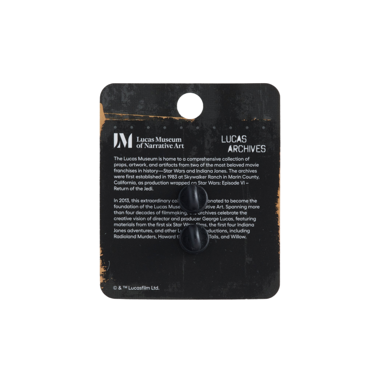 A black Lucas Museum of Narrative Art display card featuring white printed text and a small black figurine mounted on it, photographed against a plain white background.