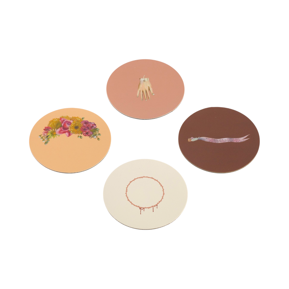 Four round coasters arranged in a loose square on a white background, each with a different jewelry-themed illustration: a flower crown arrangement, a hand with a ring, a hand holding a ribbon, and a necklace on a cream base.