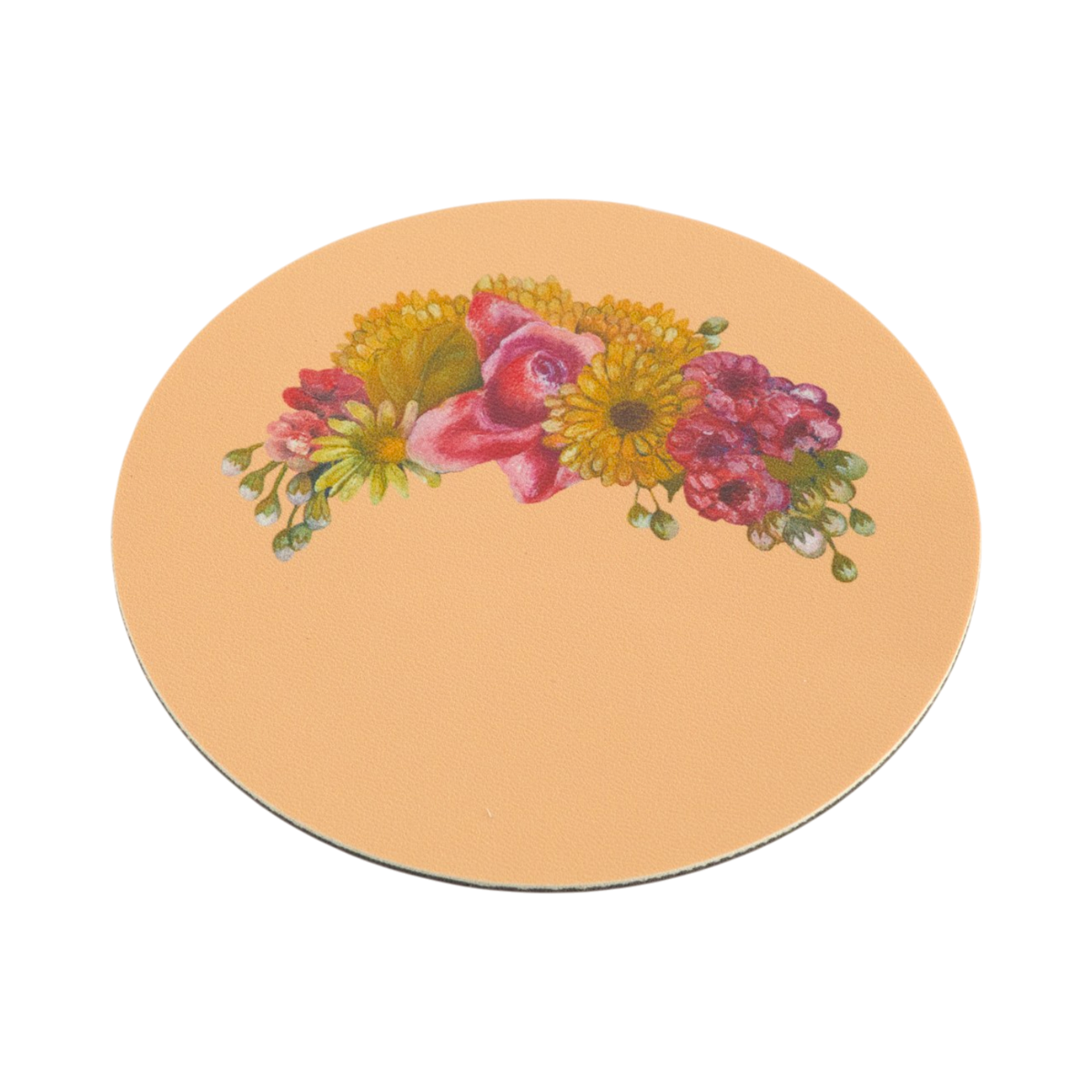 A round tan coaster featuring a colorful painted floral design in the center, isolated on a white background.