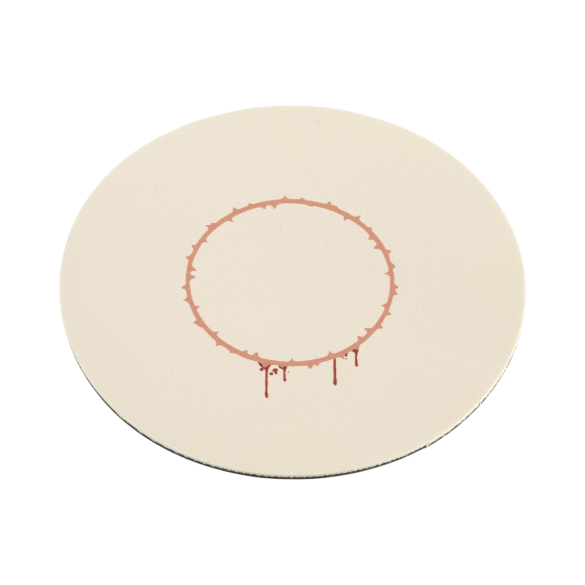 A round beige coaster featuring a printed design of a crown of thorns ring with dripping red blood details, shown on a plain white background.
