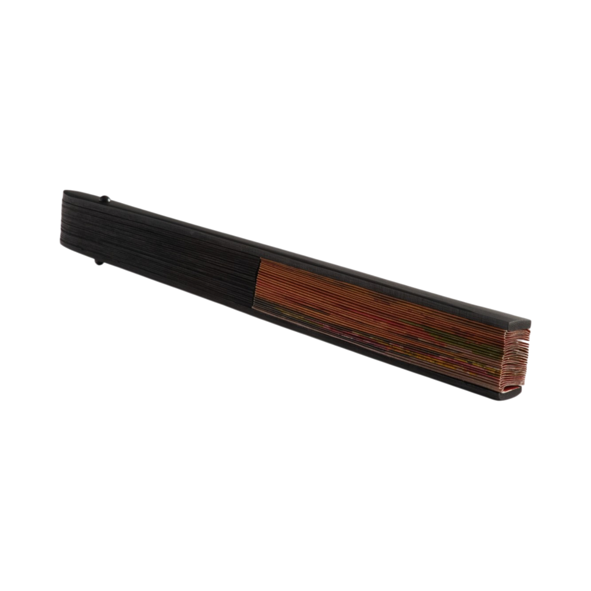 A traditional folding hand fan with a black lacquered frame and a multi-colored wooden panel featuring red, green, and brown stripes, shown on a plain white background.
