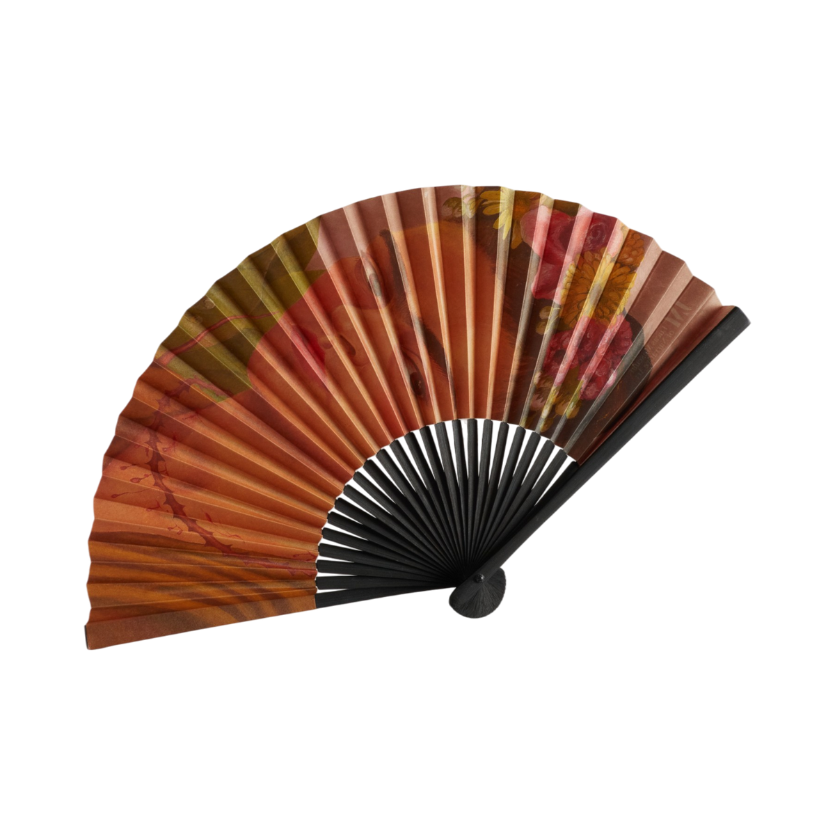 A folding hand fan with a black frame and ribs, featuring a printed design of Frida Kahlo's face in warm earthy tones of orange, brown, and red, with a small yellow flower accent near the top.
