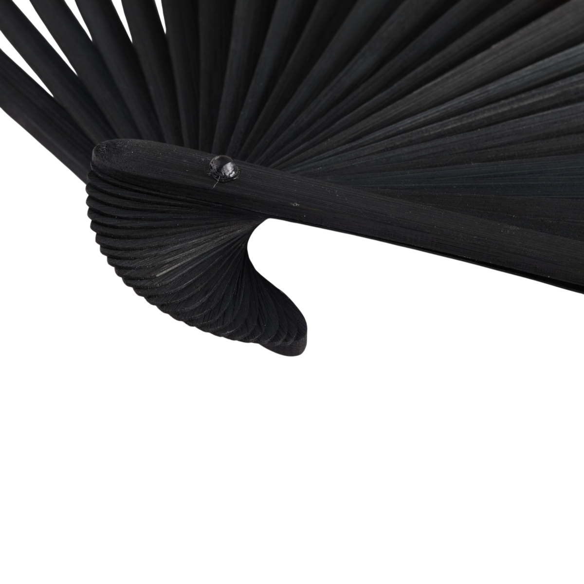 Close-up detail of a black folding hand fan with curved ribs and a central metal rivet, shown against a plain white background.