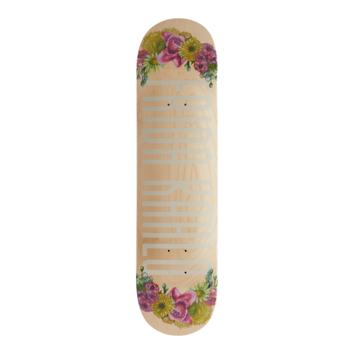 A natural wood skateboard deck with floral graphics in pink, purple, and green at the top and bottom corners, and the brand name 'FRIDA KAHLO' printed vertically in light gray down the center.