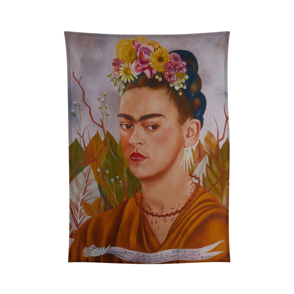 A tea  towel featuring a colorful painted portrait of Frida Kahlo with flowers in her hair.