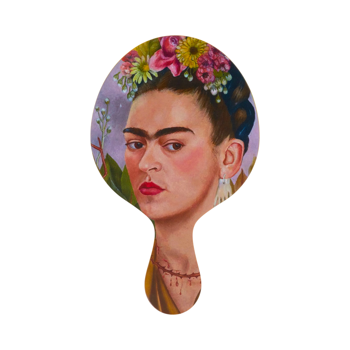 A hand mirror featuring Frida Kahlo's portrait, with her signature floral hair accessory.