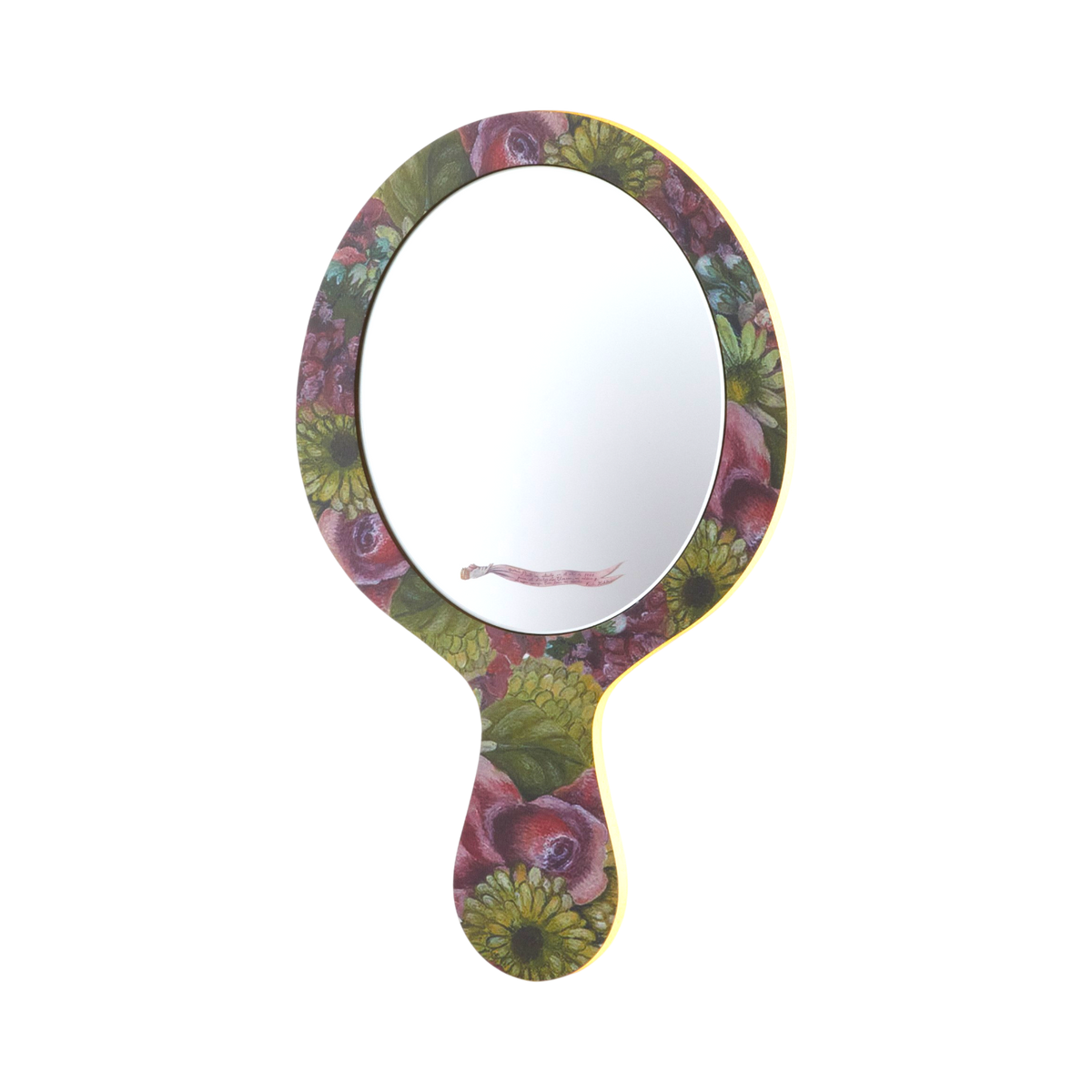 An oval hand mirror with a floral patterned frame and a small handle.