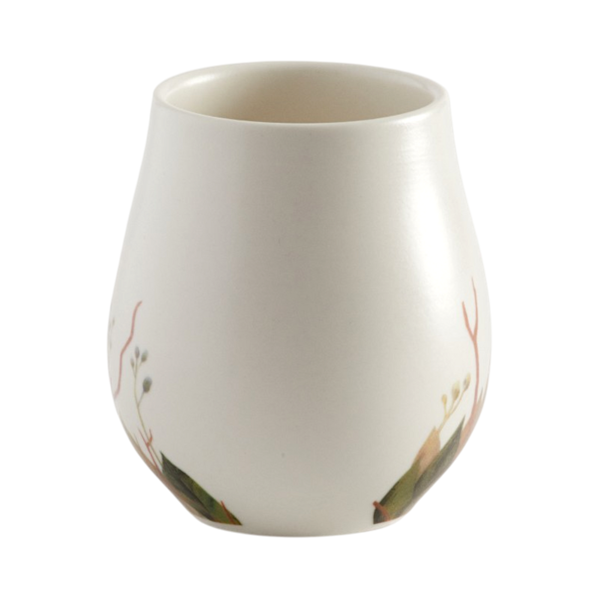 A mug with a rounded, bulbous shape and delicate hand-painted botanical details in muted green and terracotta near the base, shown on a plain white background.