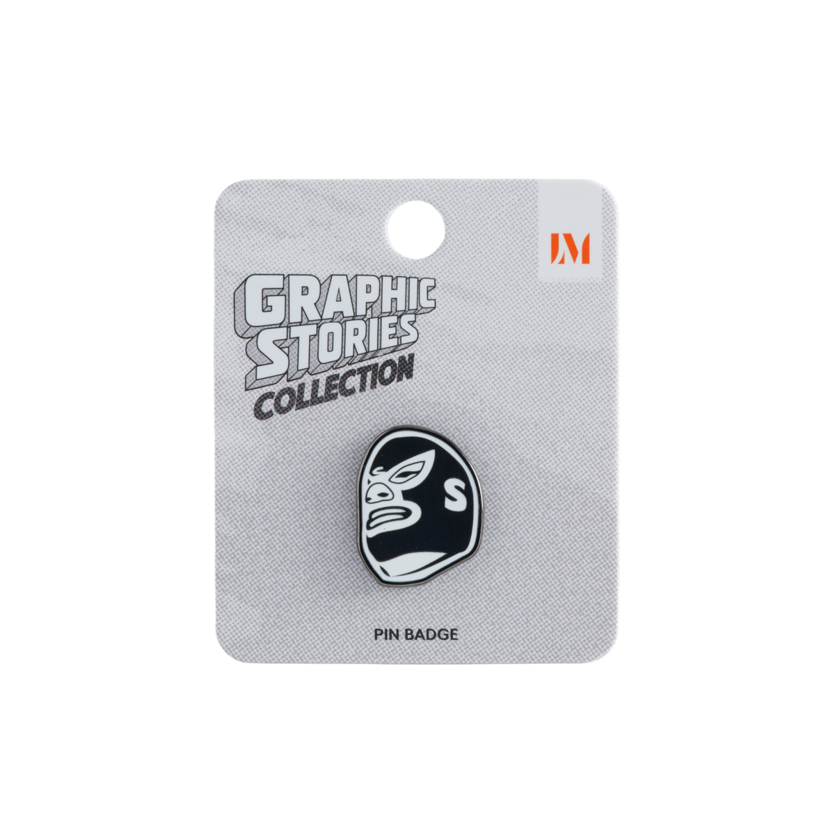 A black and white pin badge of the Sonámbulo character on its original textured gray backing card, which features the 'LM' logo in the top right corner.