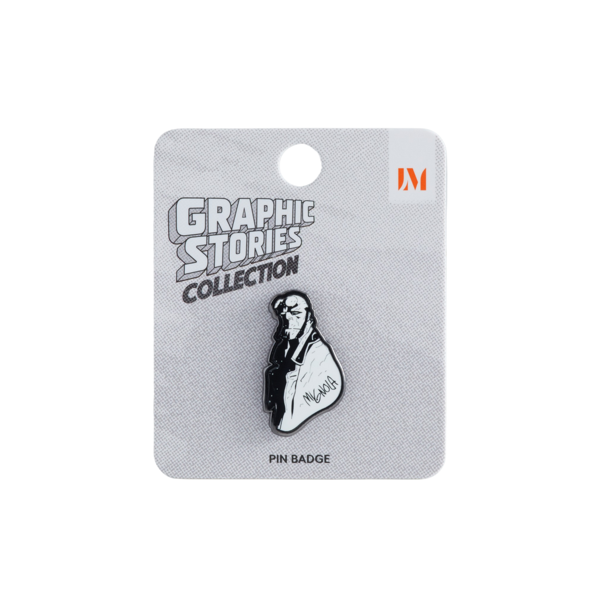 A black and white enamel pin badge depicting 'HELLBOY', mounted on a gray card labeled 'GRAPHIC STORIES COLLECTION'.