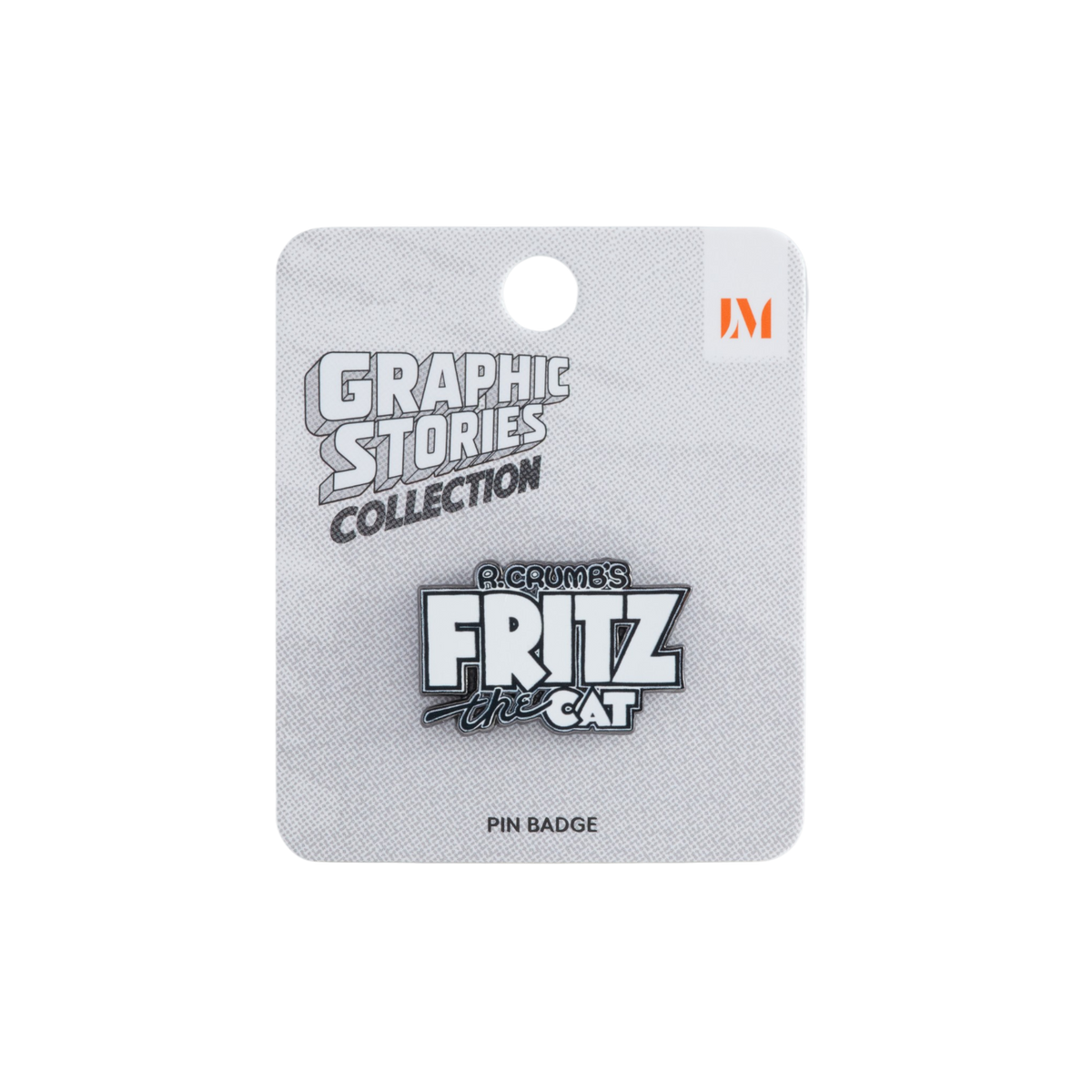 A pin badge for 'Fritz the Cat' from 'R. Crumb', displayed on its original textured gray display card. The card features the 'Graphic Stories Collection' logo and an orange 'LM' mark in the top right corner.