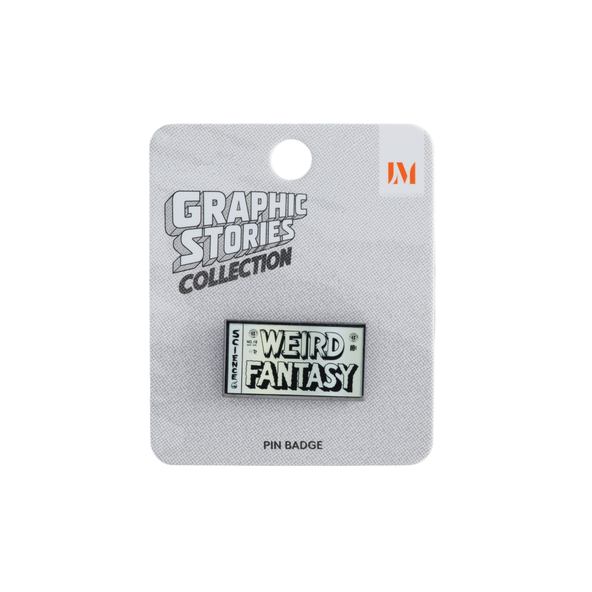A 'Weird Fantasy' enamel pin badge from the Graphic Stories Collection, displayed on its original textured gray card packaging.