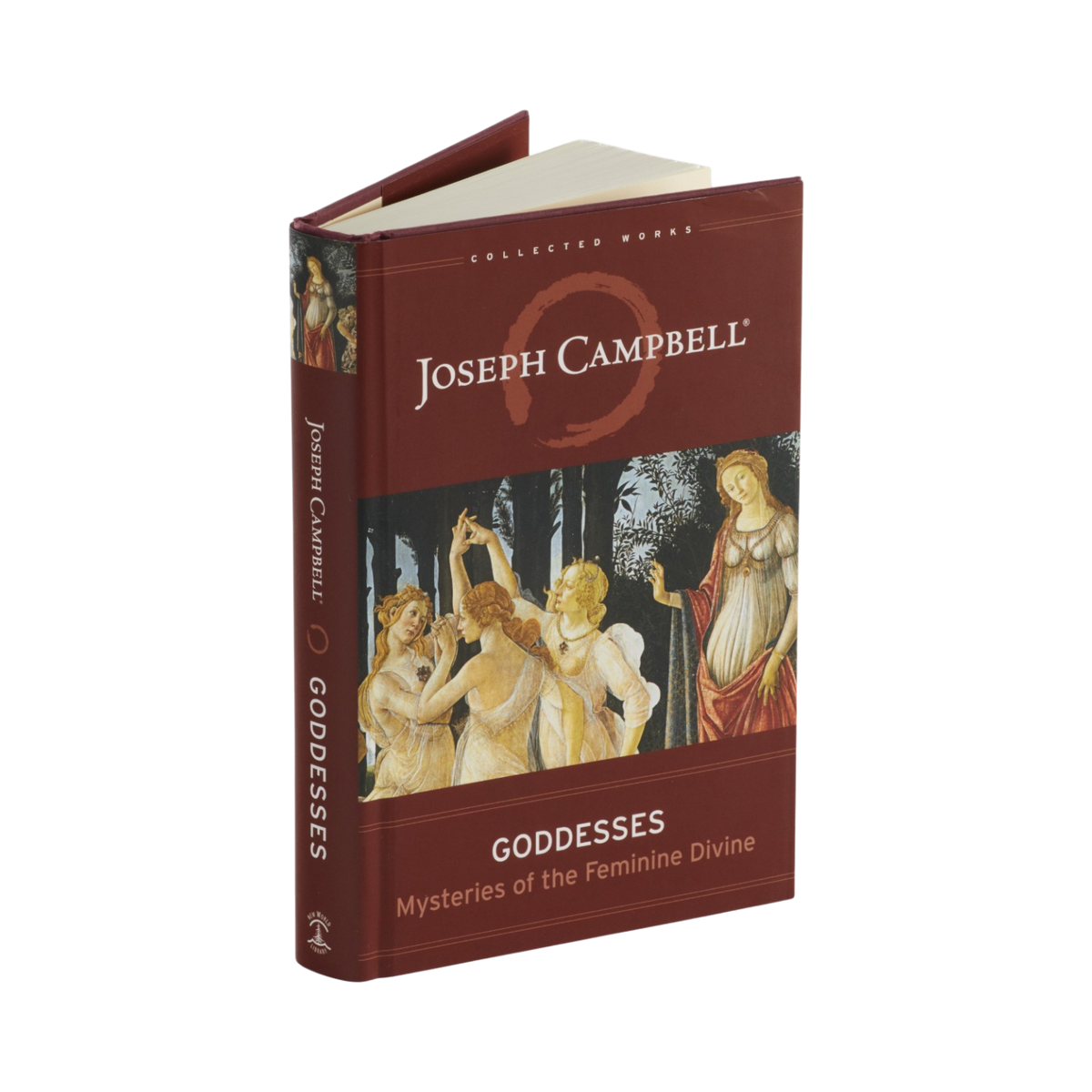 A single hardcover book titled "Goddesses: Mysteries of the Feminine Divine" by Joseph Campbell, shown standing upright at a slight angle on a plain white background. The cover is predominantly dark reddish brown with a central classical illustration featuring pale figures and a robed woman.