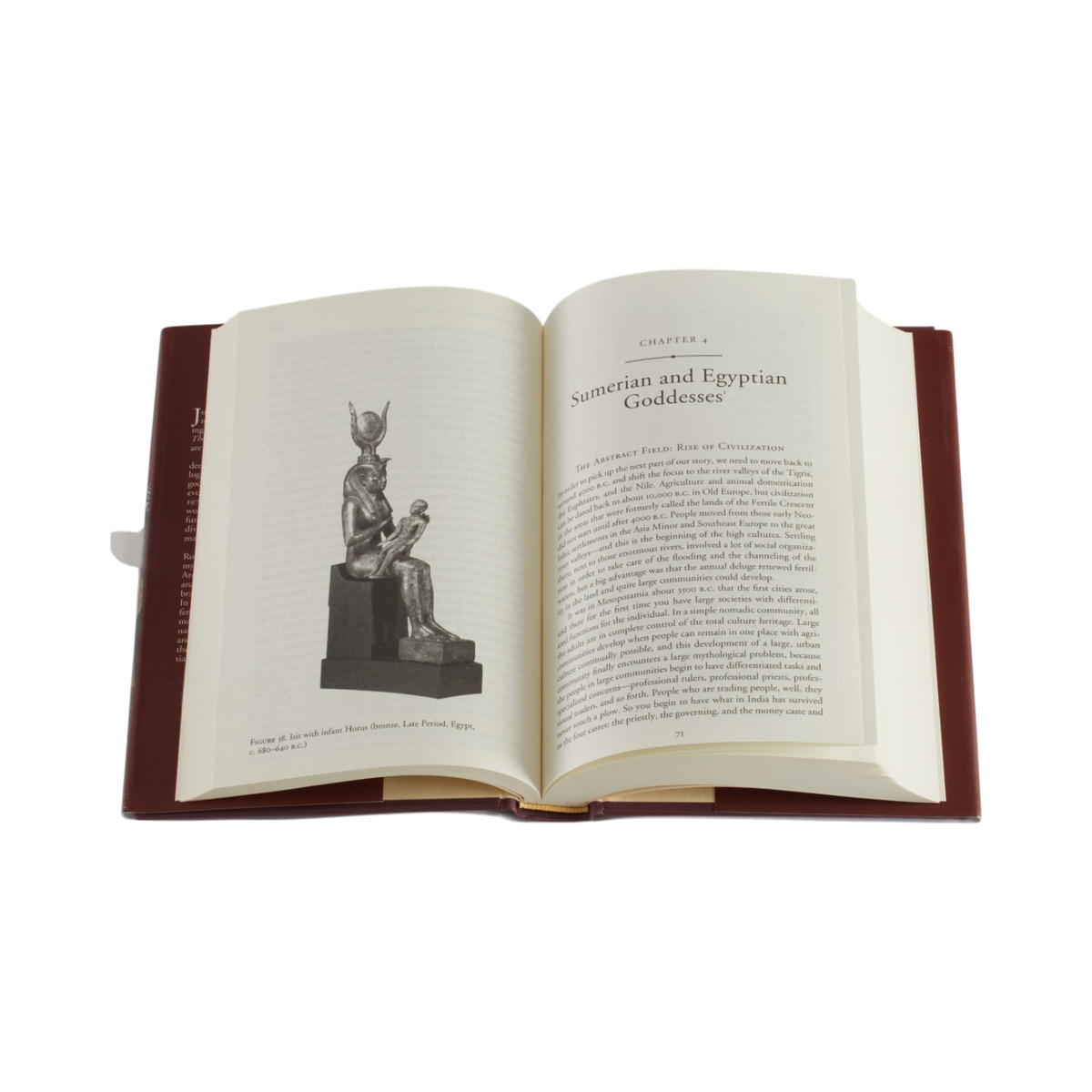 An open hardcover book showing a chapter on 'Sumerian and Egyptian Goddesses' with a black-and-white illustration of a seated goddess statue on the left page, photographed on a white background.