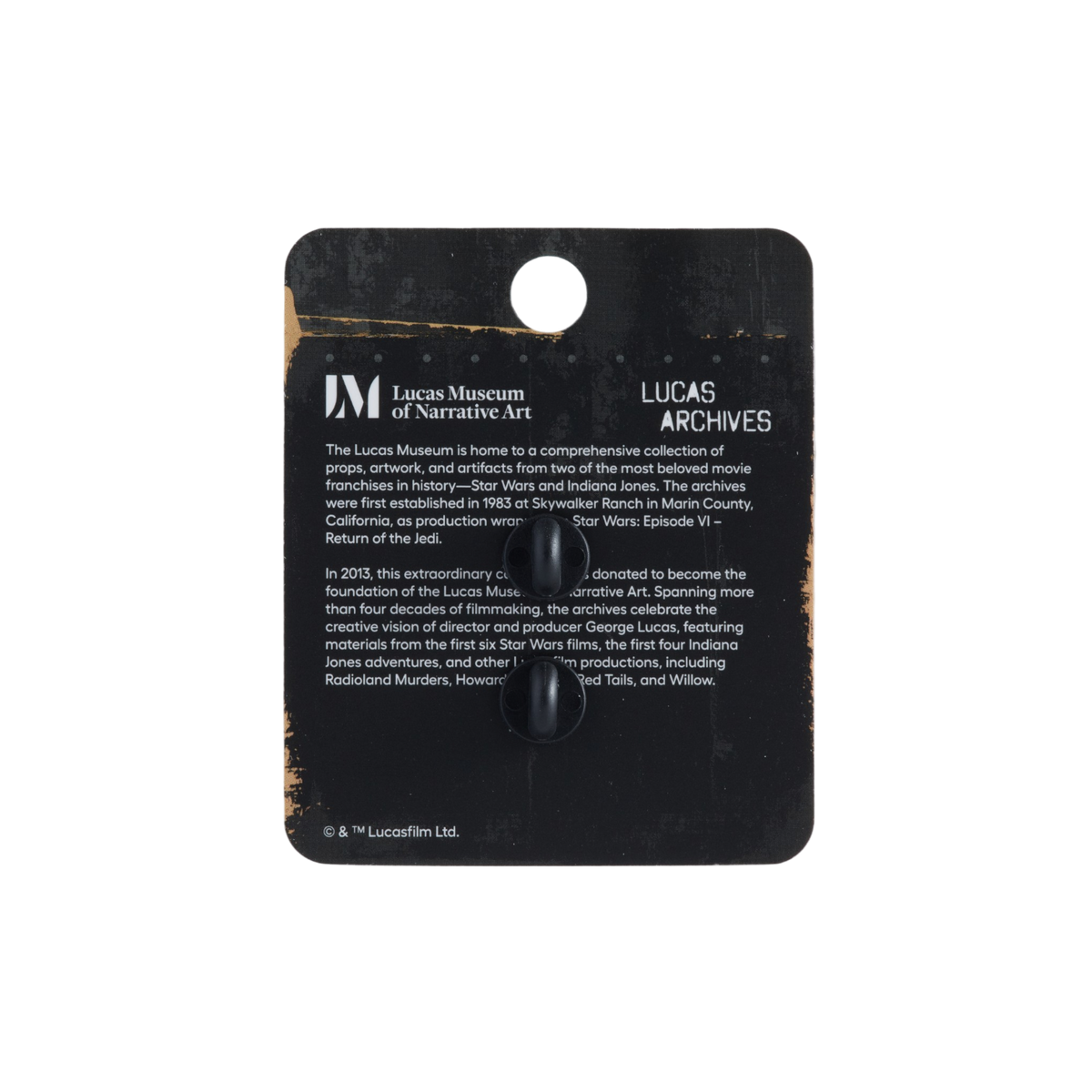 A black Lucas Museum of Narrative Art display card featuring white printed text and a small black figurine mounted on it, photographed against a plain white background.