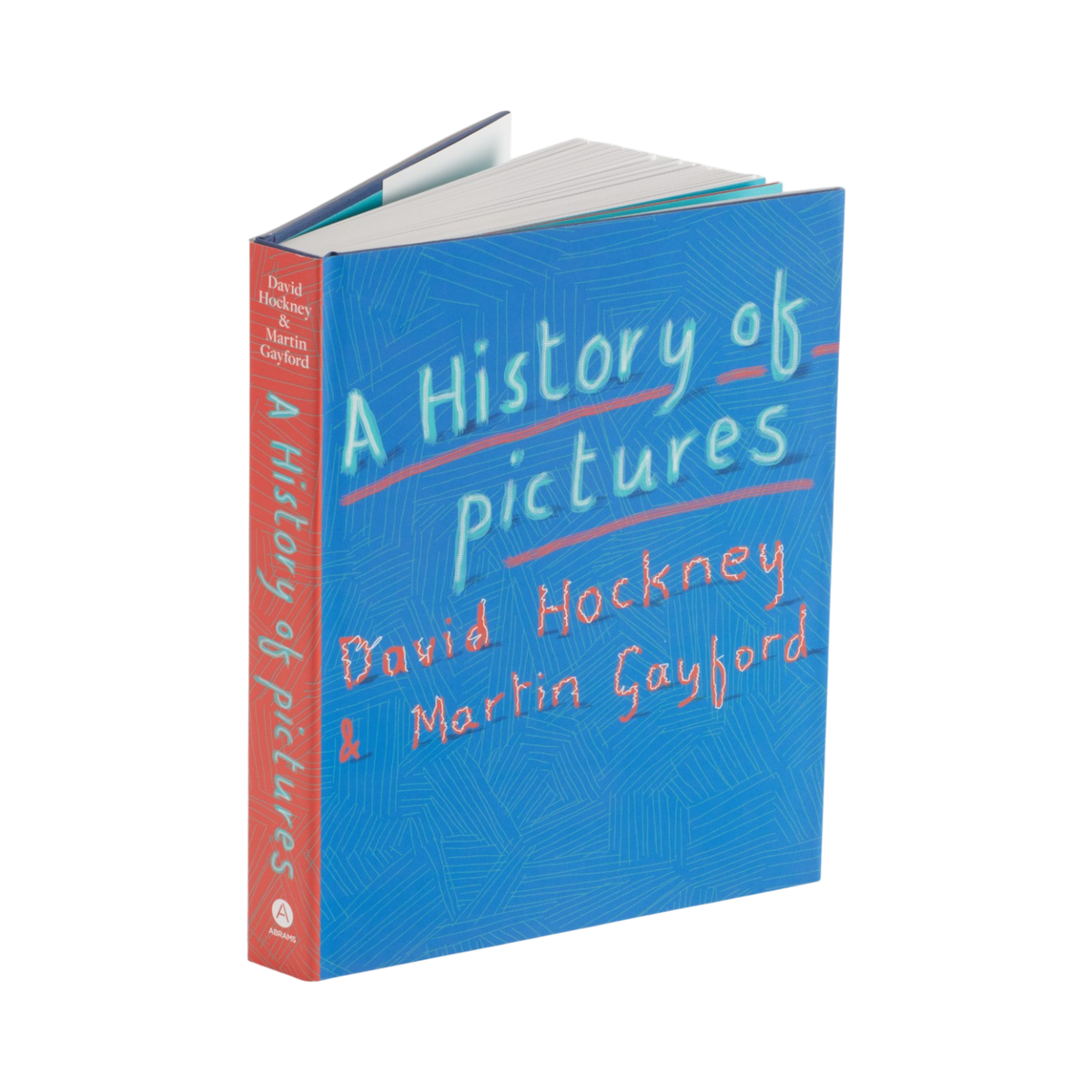 A hardcover book titled "A History of pictures" by David Hockney and Martin Gayford, shown at an angle on a plain white background. The cover is bright blue with stylized white and pink lettering, and the spine is coral red with white text.