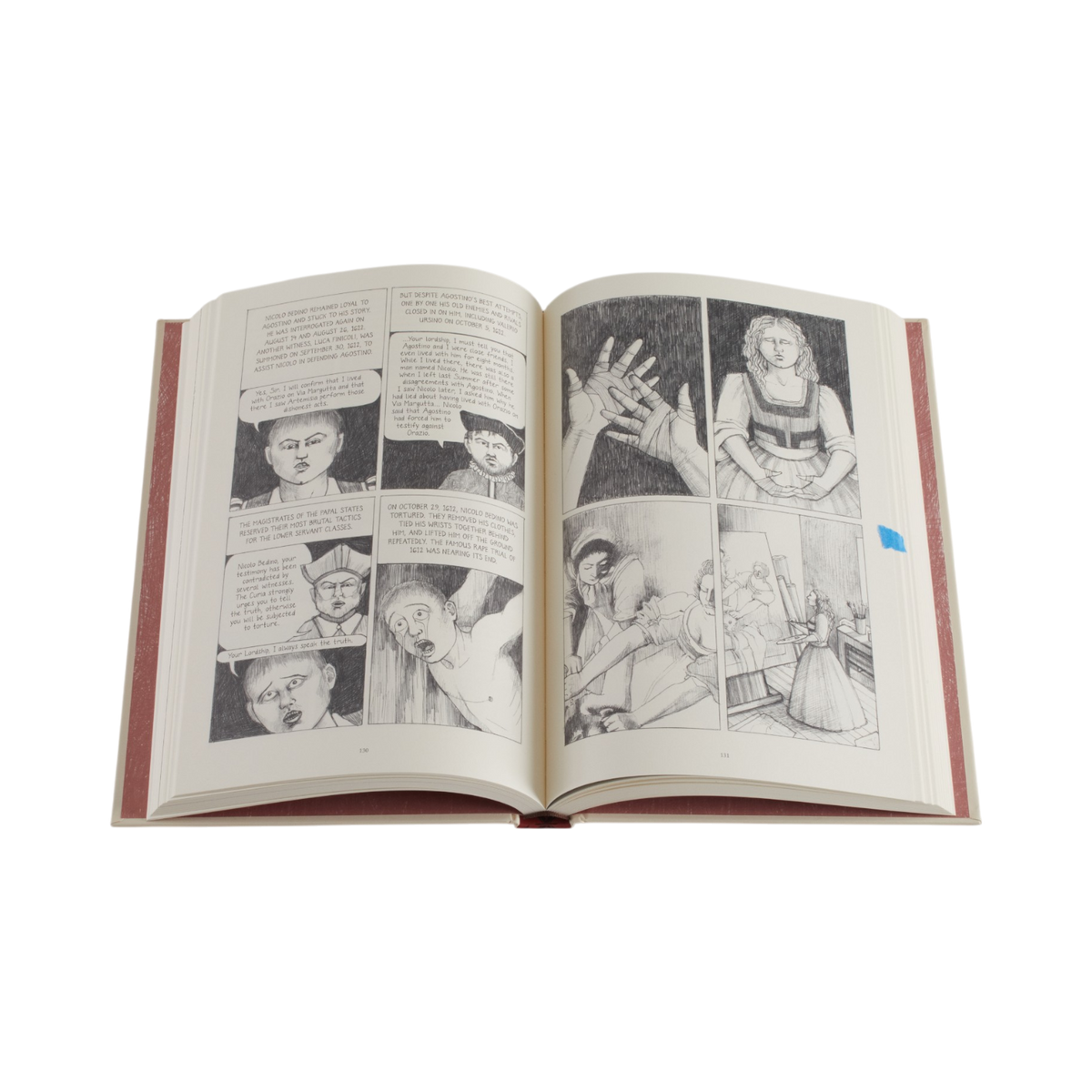 An open vintage illustrated book with black-and-white comic-style drawings and text on the pages, photographed against a plain white background.