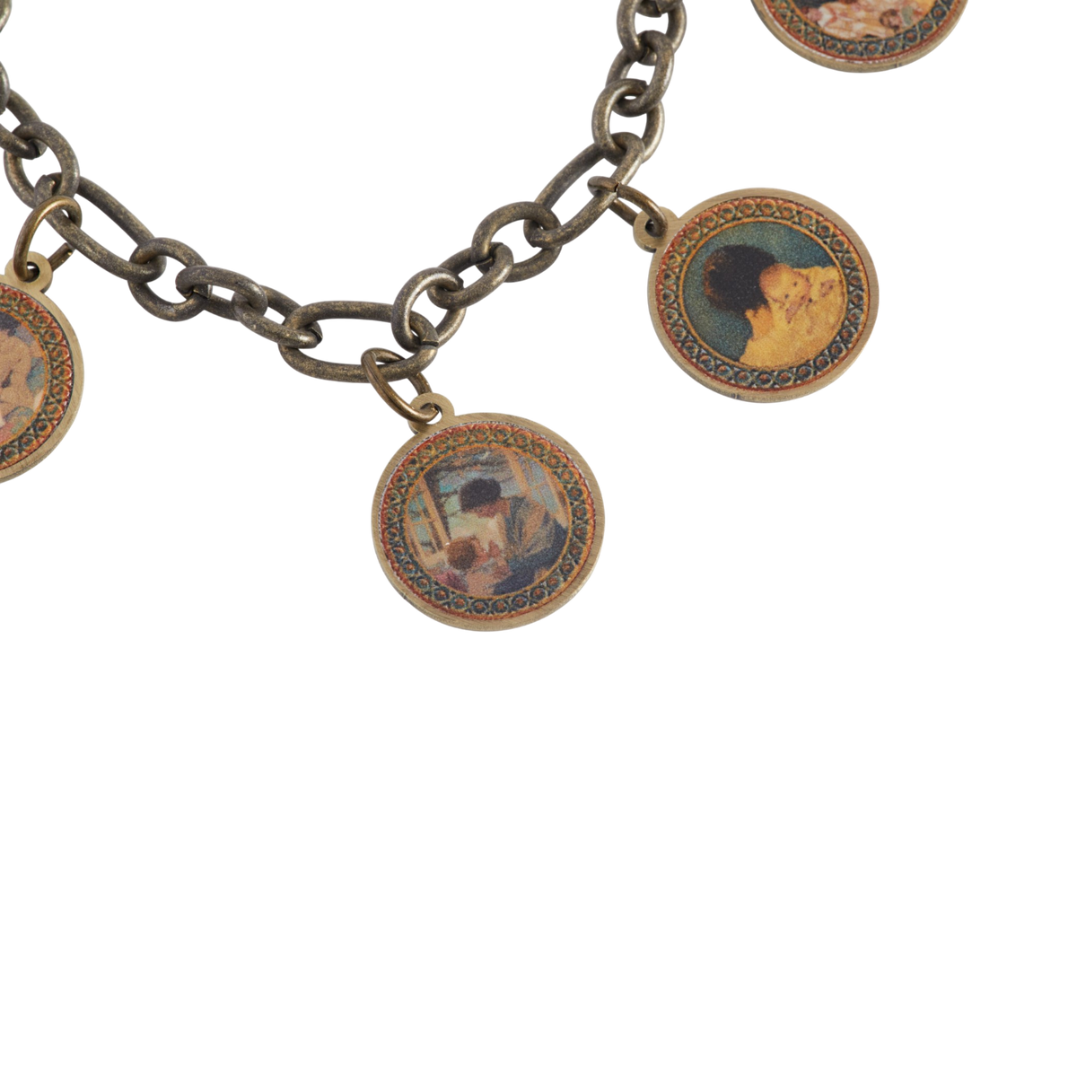 A close-up of an antique-style bronze chain bracelet featuring circular charms with vintage Jessie Willcox portrait illustrations.