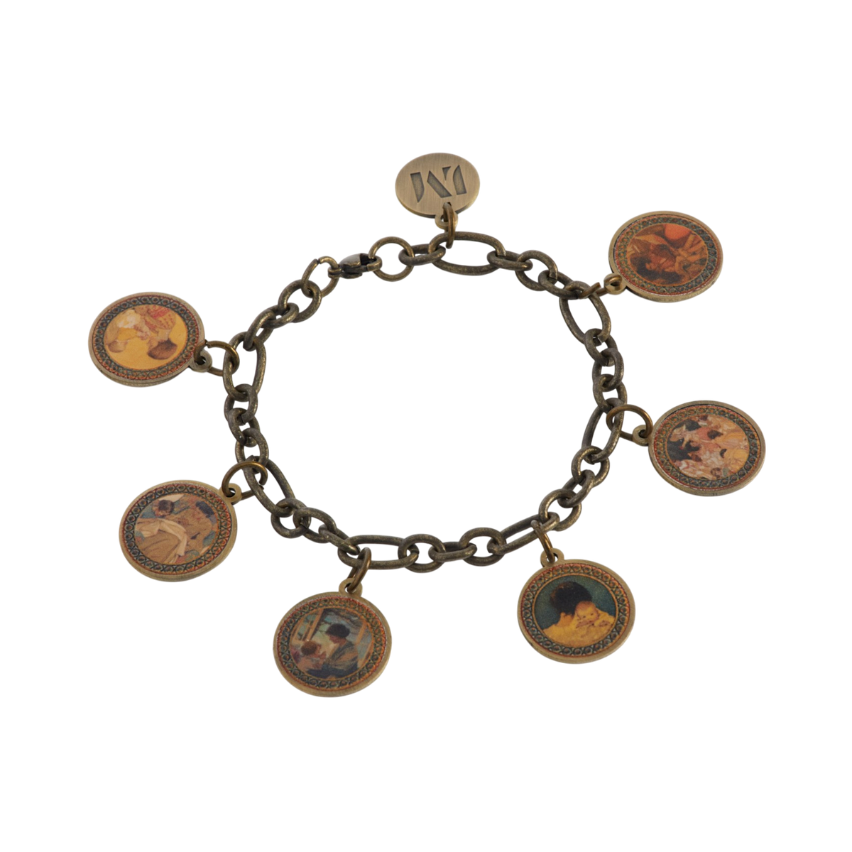 An antique-style bronze chain bracelet featuring seven circular charms with vintage Jessie Willcox portrait illustrations and a central round charm engraved with 'LM.'
