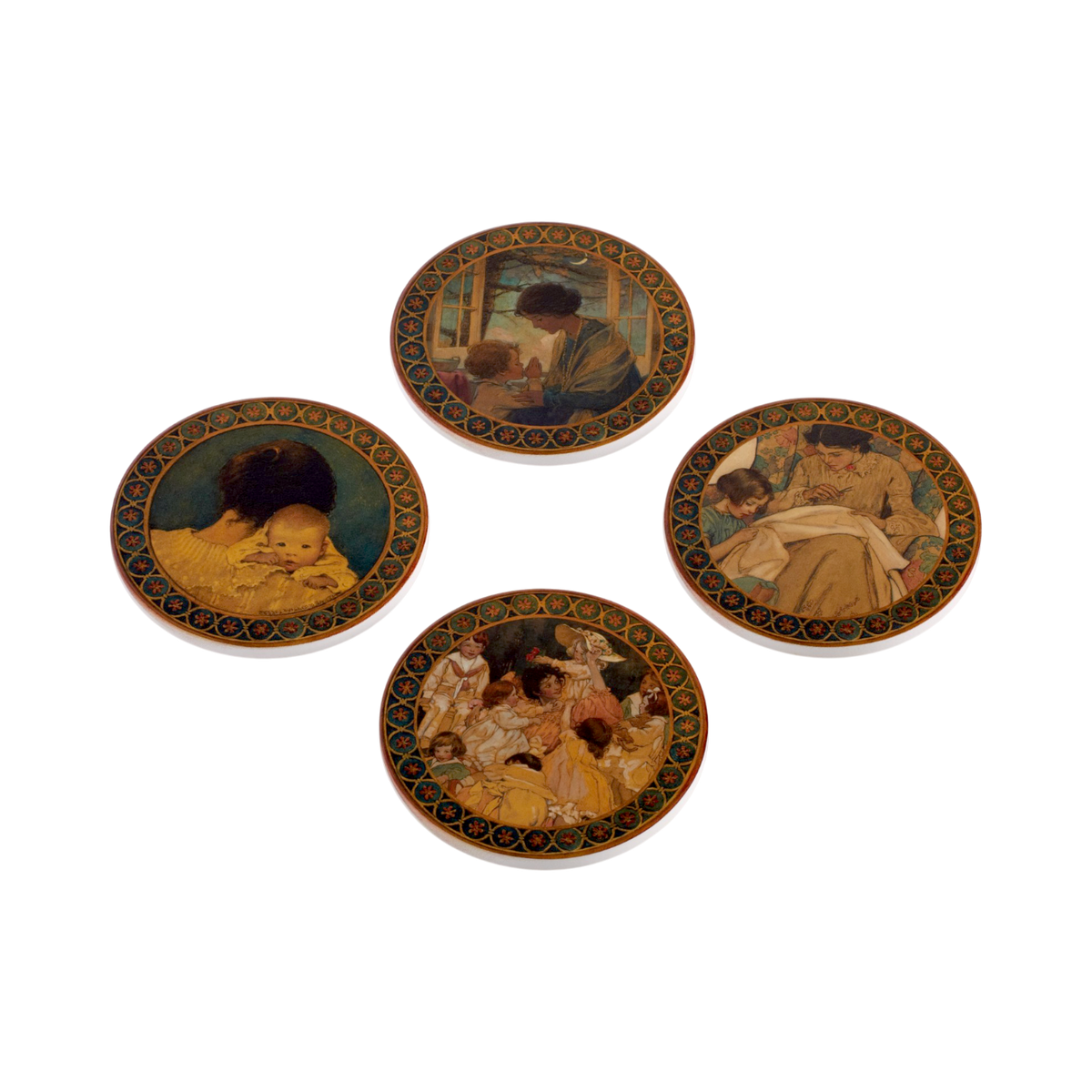 Four decorative oval plates arranged in a loose square on a white background, each featuring a vintage-style Jessie Willcox illustrations with a dark ornate border.