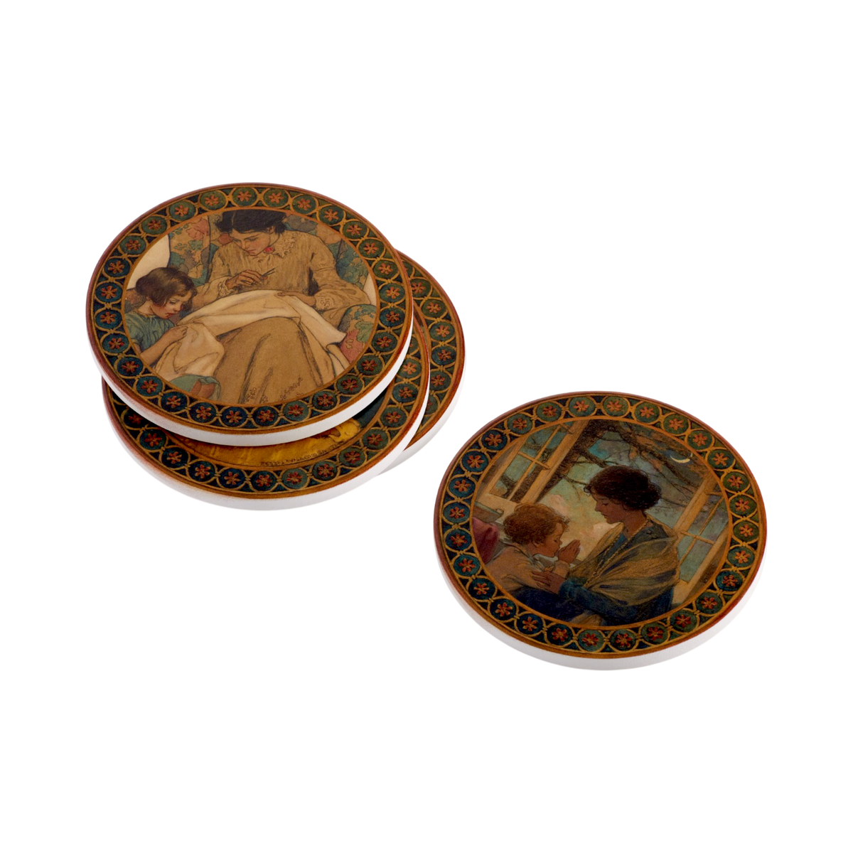 Four decorative round coasters with vintage Jessie Willcox illustrations, displayed on a clean white background. 
