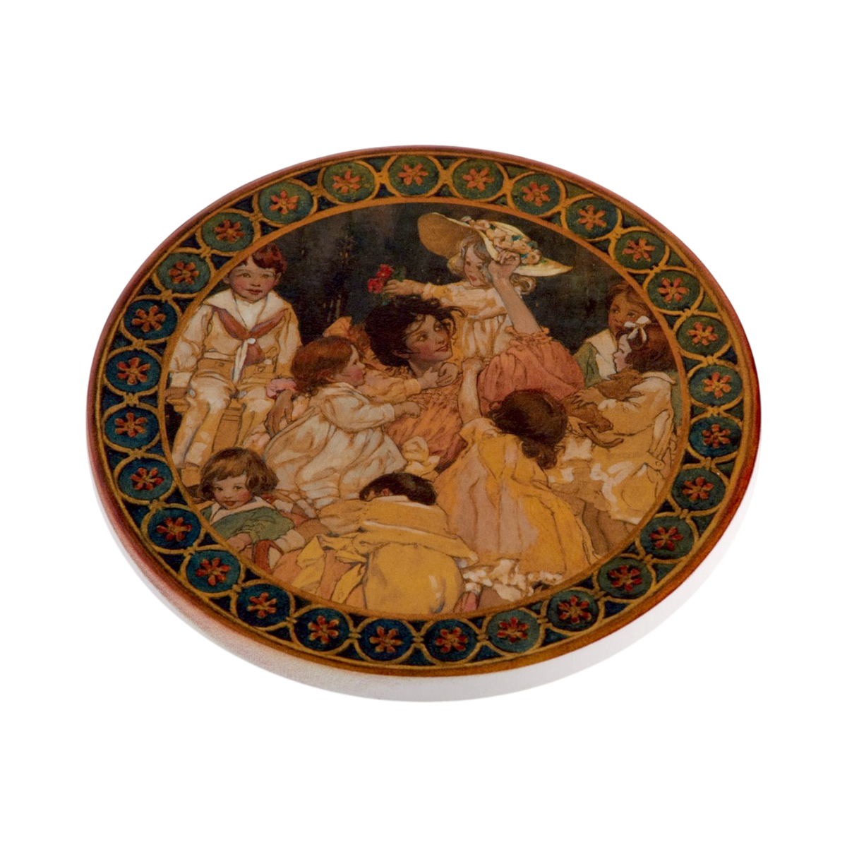 An oval decorative ceramic plate featuring vintage-style Jessie Willcox illustrations surrounded by a patterned border of blue, green, and orange flowers, shown on a plain white background.