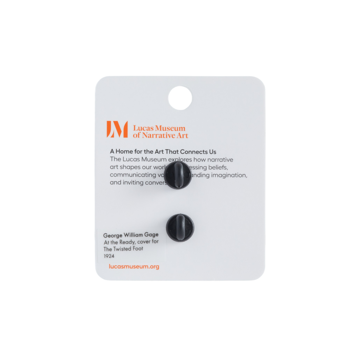 Lucas Museum of Narrative Art display card with two small black buttons attached, photographed against a plain white background.