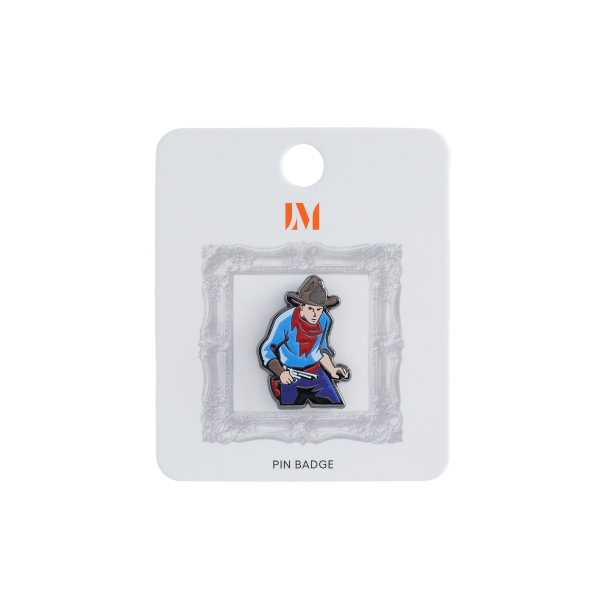 A cowboy-themed enamel pin displayed on a white card backing. The pin depicts a cowboy in a brown hat, blue shirt, and red bandana.