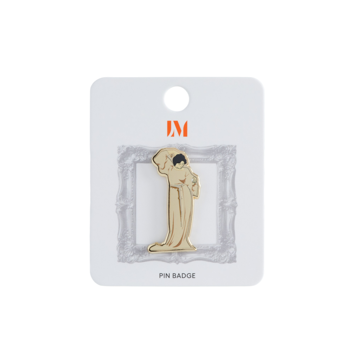 A gold and black enamel pin badge featuring Maxfield Parrish's, 'Mural for Gertrude Vanderbilt Whitney Residence, Old Westbury, New York 1914-18, which depicts a classical female figure. It's mounted on a white display card with an orange 'LM' logo and the text 'PIN BADGE'