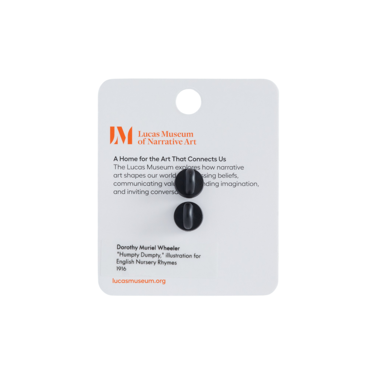 Lucas Museum of Narrative Art display card with two small black buttons attached, photographed against a plain white background.