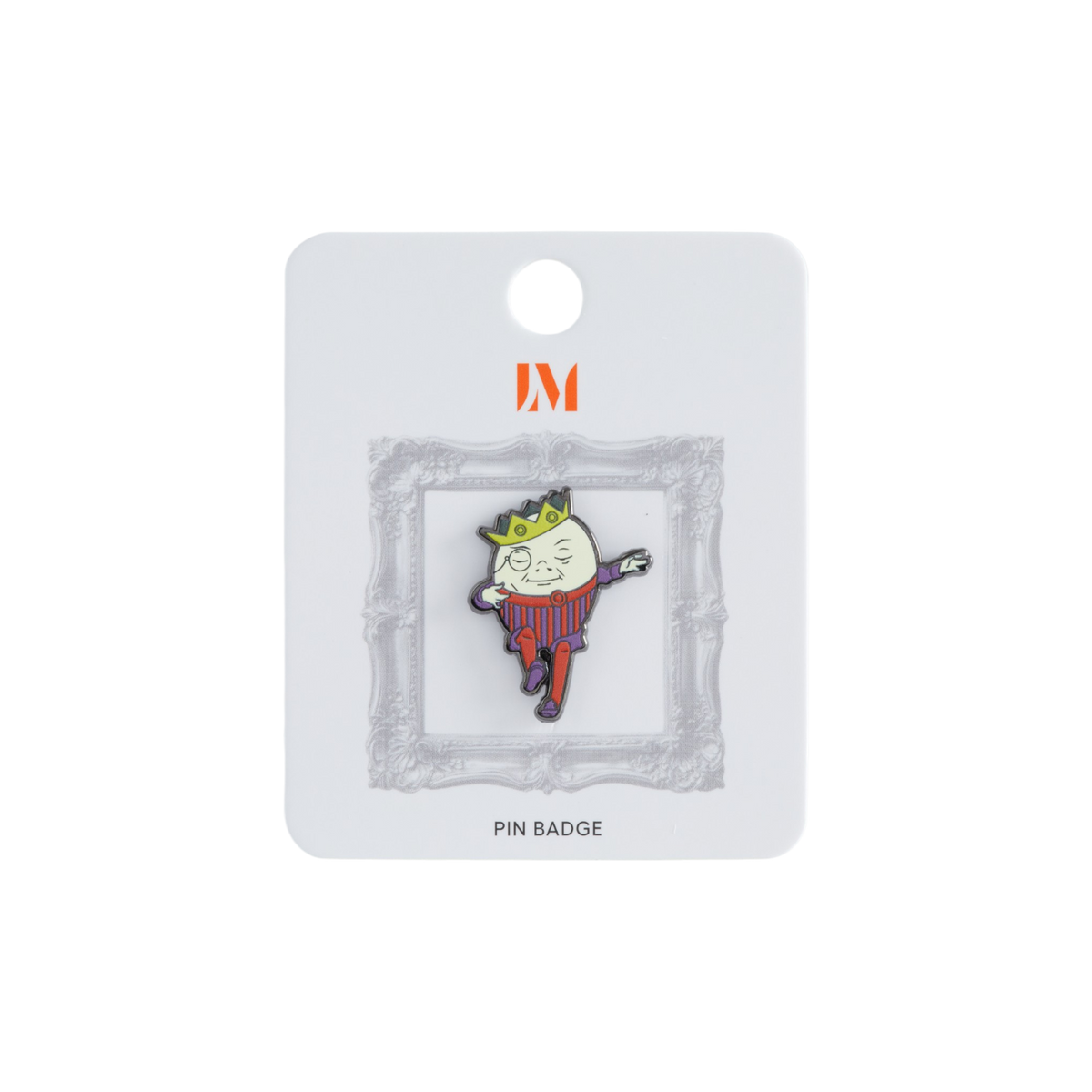 A small enamel pin badge displayed on a white backing card. The pin features Humpty Dumpty with a green crown, white face, red-and-purple striped outfit, and red legs, set within a decorative gray frame illustration.
