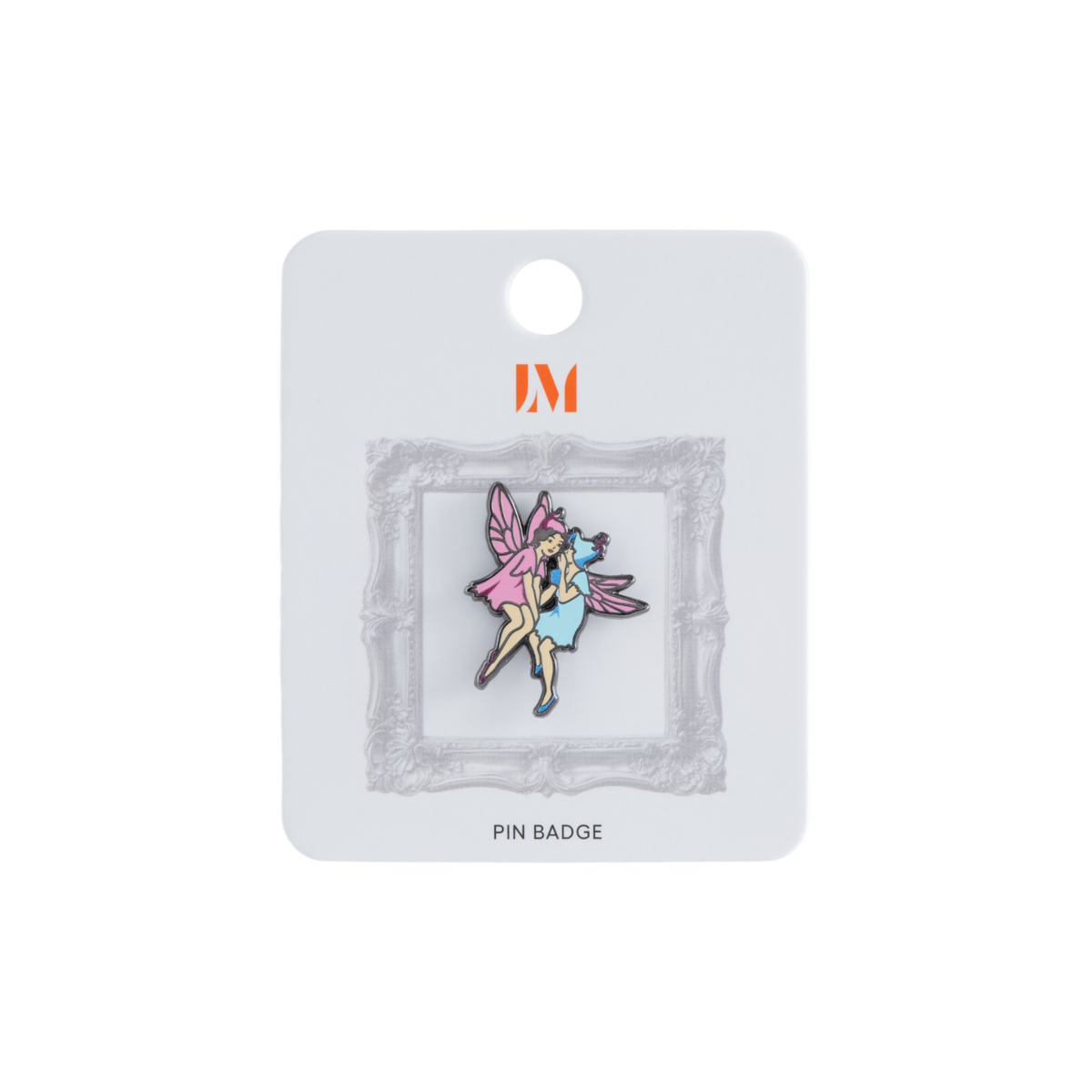 A colorful fairy pin badge displayed on a white card backing. The pin features two female fairies. One in a light blue dress with pink wings and the other in a pink dress with pink wings.