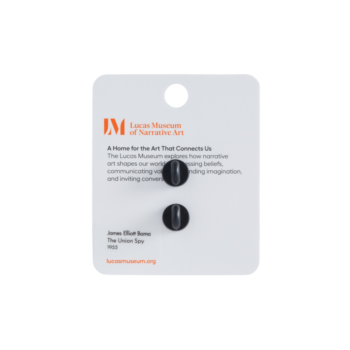 Lucas Museum of Narrative Art display card with two small black buttons attached, photographed against a plain white background.