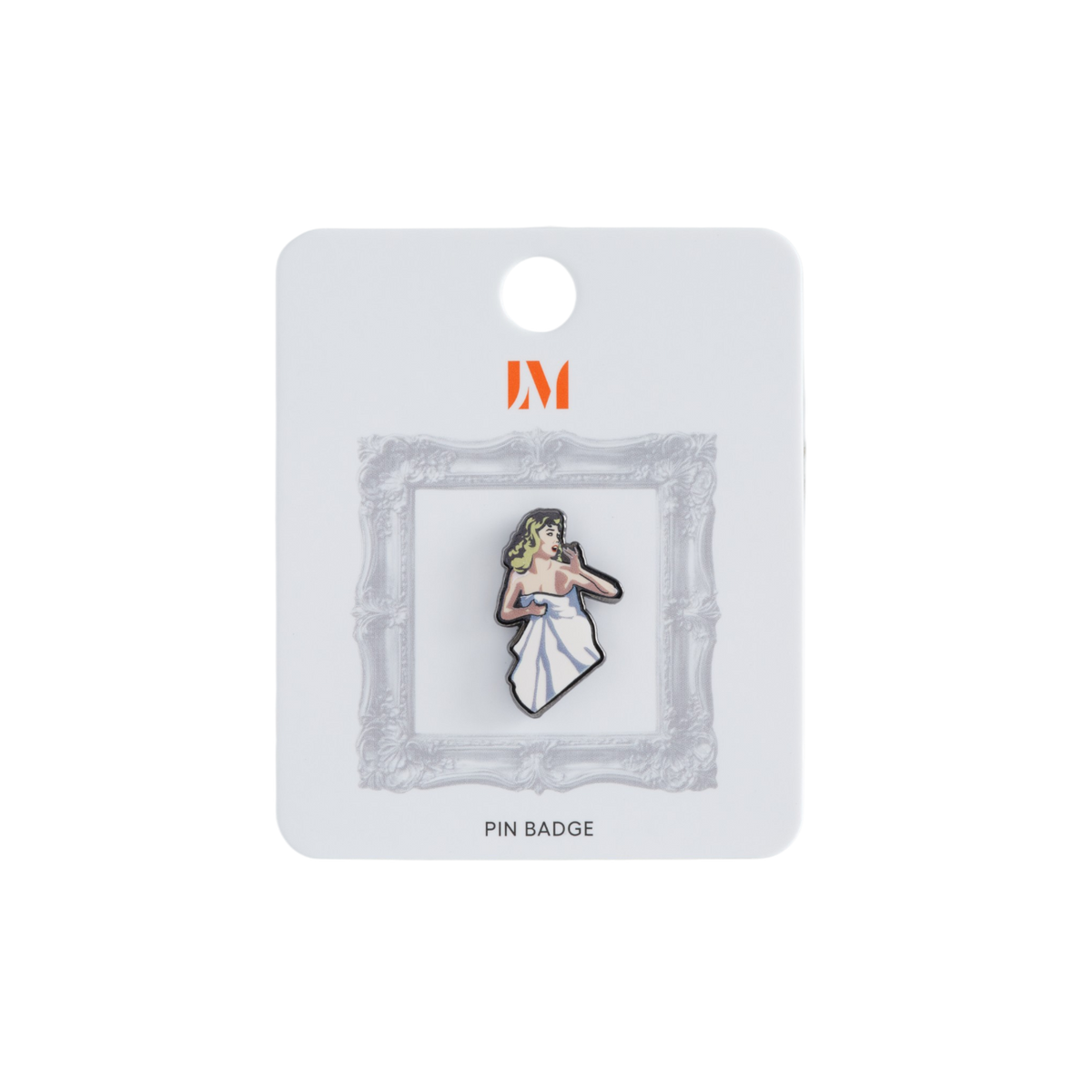 An enamel pin badge features James Elliott Bama's 'The Union Spy 1955," with a classical female figure in a white dress, mounted on a white display card.