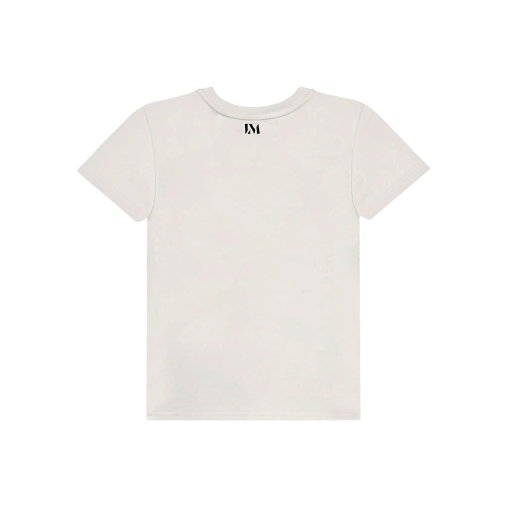 A short-sleeve crewneck t-shirt in off-white, featuring a small black monogram logo reading 'LM' printed on the back collar.