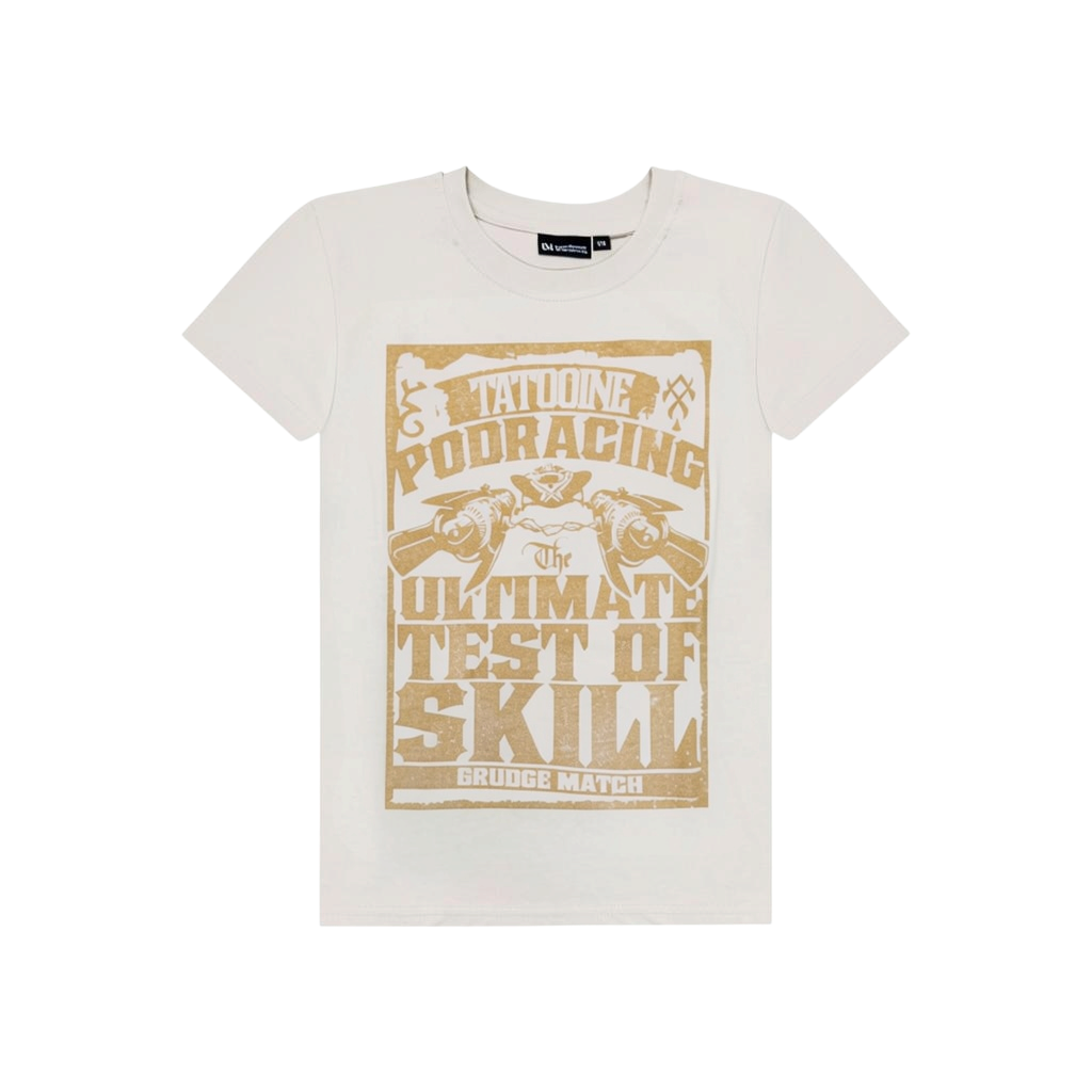 A white short-sleeve crewneck t-shirt featuring a large distressed tan graphic print on the front with the text 'TATTOOINE PODRACING THE ULTIMATE TEST OF SKILL' and 'GRUDGE MATCH' at the bottom.