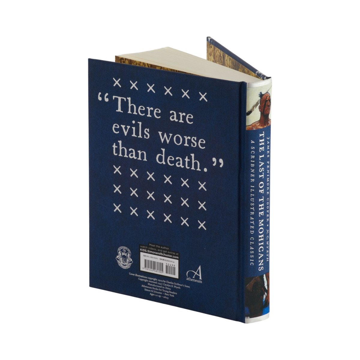 The Last of the Mohicans book by James Fenimore Cooper, illustrated by N.C. Wyeth. A hardcover book shown at an angle on a plain white background, displaying its dark blue back cover with white text and a grid of X marks, alongside its spine.