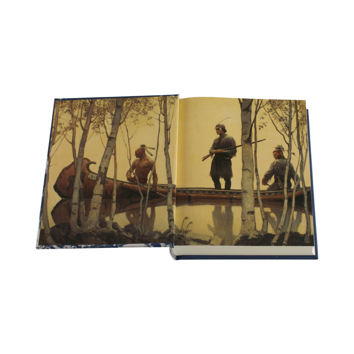 An open book displaying a detailed illustration of three Native American figures in a canoe on a river, surrounded by birch trees, set against a plain white background.