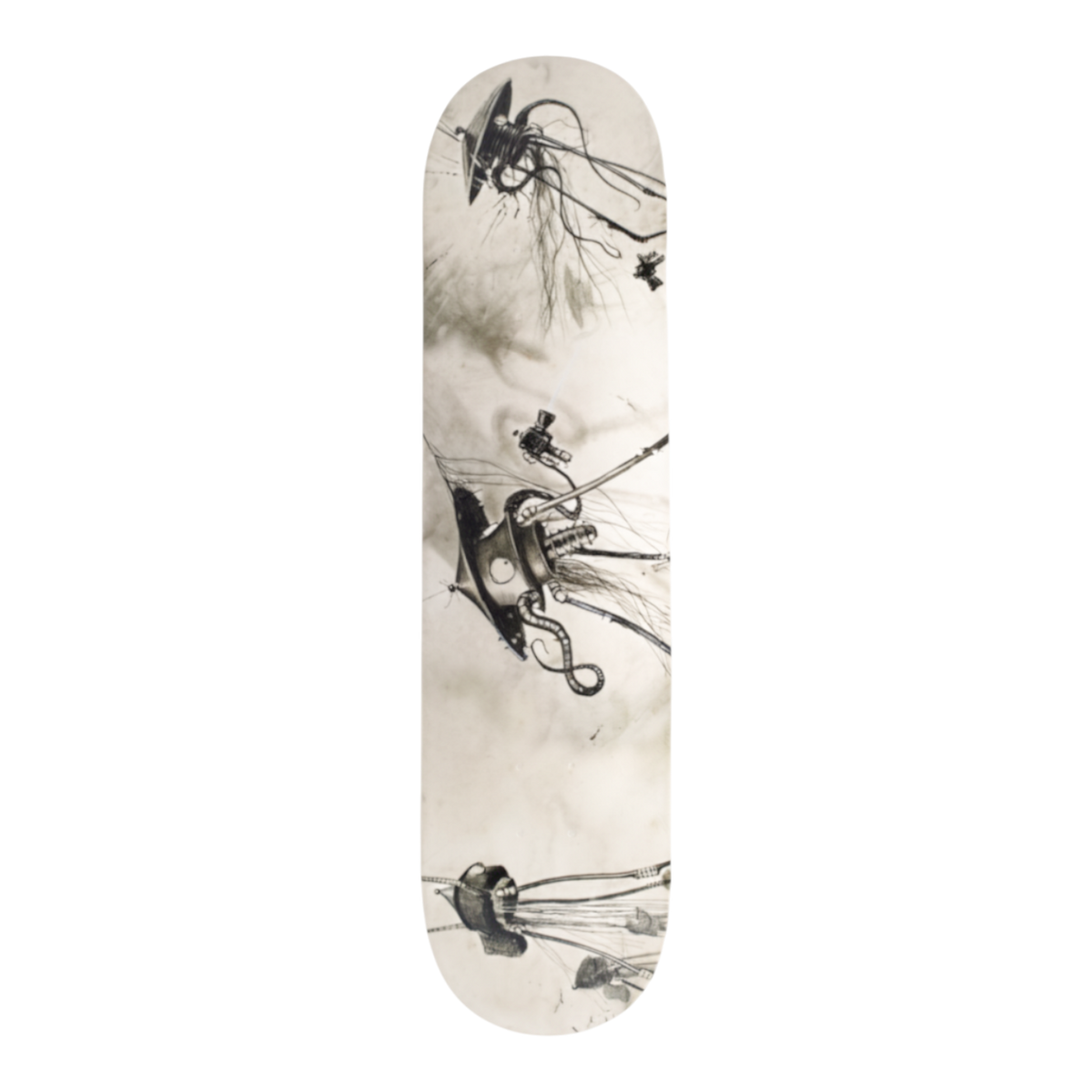 A skateboard deck with an off-white background and a black ink-style illustration of mechanical insect-like figures and tentacles. A depiction of Hennrique Correa War of the Worlds Triptych.