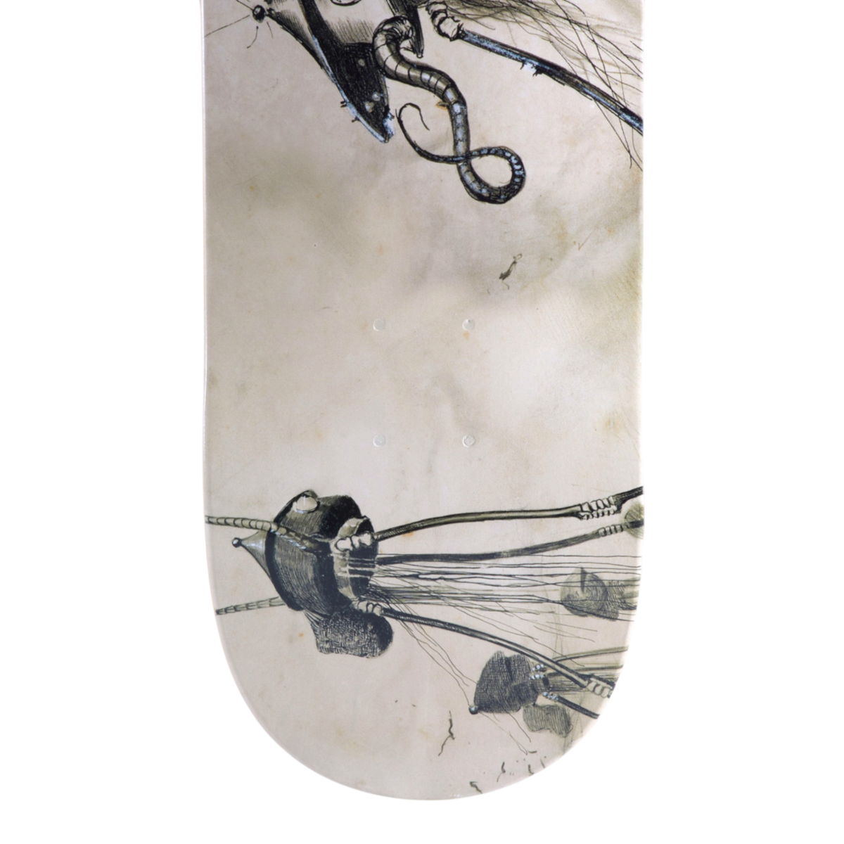 A skateboard deck with an off-white background and a black ink-style illustration of mechanical insect-like figures and tentacles. A depiction of Hennrique Correa War of the Worlds Triptych.